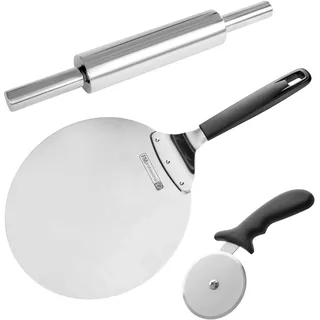 FMprofessional Pizza-Set, Pizzaheber, Schneidrad und Teigroller, Küchenhelfer aus Edelstahl, zum Backen von Flammkuchen, Brot und Torten, ideales Set für Profi- und Hobbyköche (Menge: 1 x 3er Set)