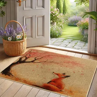 Fox & Cherry Flower Fußmatte, orangefarbener Fuchs, Fußmatte für Frühling, Außen- und Inneneingang, rustikale Dekoration, Gummi, wasserdicht, rutschfest, staubabsorbierend, leicht zu reinigen, 73,2 x