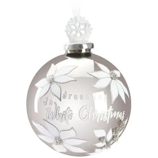 Brubaker Premium Weihnachtskugel Dreaming of a White Christmas - 10 cm Baumkugel aus Glas mit Schneeflocken Figur aus Porzellan - Weihnachtsbaumkugel Silber mit Glitzer und weißen Blumen