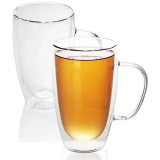 Intirilife 2x Doppelwandiges Thermo Glas Set in 400 - 500ml – Thermoglas Thermogläser Mundgeblasen isoliert Latte Macchiato Teeglas Kaffeeglas Spü