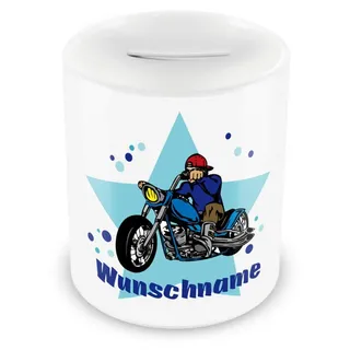Samunshi® Kinder Spardose mit Namen und Chopper-Motorrad als Motiv für Kinder - Jungen und Mädchen Sparschwein 330ml weiß