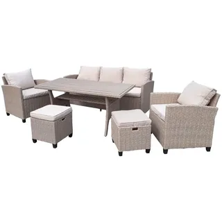 Green Spirit - Dining-Lounge Madeira II - Beige, Polyrattan, für 7 Personen, Wetterfest, Gartenmöbel-Set mit 3-Sitzer Sofa, Tisch, Sessel und 2 Hockern
