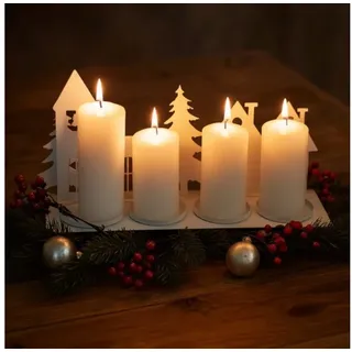 Online-Fuchs Kerzenhalter Winterdorf aus Metall - moderner Adventskranz in Weiß - Kerzenständer (für Stumpenkerzen, 40 cm lang), schlicht, modern zeitlos im Design weiß