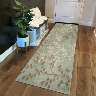 Siunwdiy Teppich Läufer Flur Küche rutschfest Waschbar Grün/Beige/Braun 60x200cm Mit Blumenmuster Korridor -Teppichläufer Küchenläufer Lang Flurteppich Küchenteppich Meterware Anpassbar