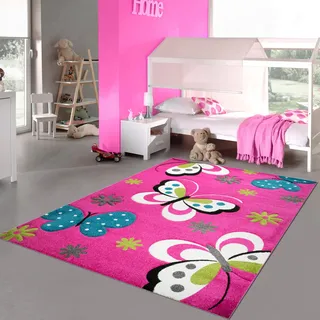 Teppich-Traum Lebhafter Schmetterling-Teppich für Kinderzimmer ● robust & langlebig ● pink, 160 x 230 cm