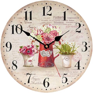 TAHEAT 30 cm Vintage Blume Wanduhr, Holz Retro Shabby Chic Uhren, Lautlos Geräuschlos Landhausstil Wanddekoration für Wohnzimmer/Schlafzimmer/Küche/Büro