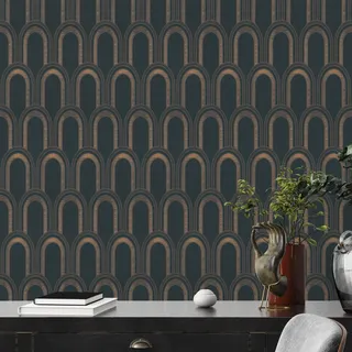 Architects Paper Tapete Art Deco Schwarz Beige Gold Metallic- Architects Paper Arcade 391762 - Vliestapete Retro - 10,05 m x 0,53 m Made in Germany