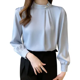 Seidenbluse Damen Oberteile Langarm Bluse mit Dekorativen Perle Festliche Blusen Elegant Shirt Hemdbluse Party Oberteil Arbeitshemd Seiden Business Outfit Satin Stehkragen Hemd - L