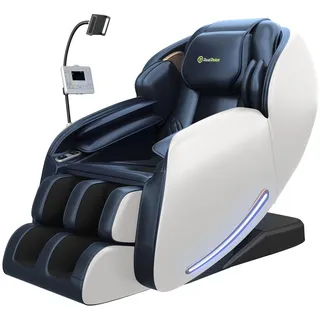 Real Relax 2026 Massagesessel Ganzkörper, Zero Gravity SL-Track Shiatsu-Massage-Liegesessel mit Telefon-Controller und Halterung, Kindersicherung, Pause-Taste und LED-Beleuchtung, Favor-06, Blau-Weiß