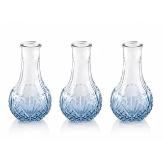 3er Set Kleine Glasvasen Blau – Bauchige Mini Blumenvasen mit Farbverlauf & Relief (11,8 cm) – Tischdeko Hochzeit, Taufe, Kommunion, Konfirmation & Geburtstag – Dekovasen Vintage Stil