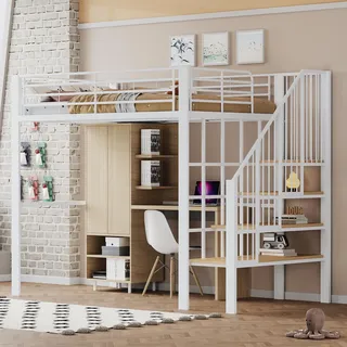 Merax Hochbett aus Metall, 140 x 200 cm mit Regal, multifunktionales Hochbett mit Treppe, für Kinder, Weiß (ohne Matratze, Schrank und Schreibtisch)