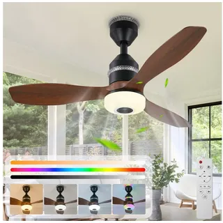 Rosnek Deckenventilator mit Beleuchtung, 3 Stufen, dimmbare LED, Bluetooth-Lautsprecher, 61 cm, RGB-Licht, Fernbedienung, flach, für Schlafzimmer & Wohnzimmer
