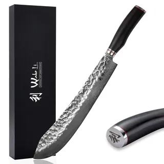 Wakoli EBO Damast Blockmesser BBQ 30 cm – BBQ Knife aus 67 Lagen Damaststahl mit VG10 Kern und Hammerschlag, Härtegrad 60±2 HRC, Griff aus schwarzer Eiche, ideal als Fleischmesser und Grillmesser