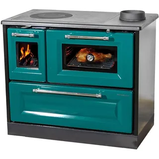 hosseven Kaminofen mit Backfach und Herdplatte 4012 Grün Holzofen 8 kW Holz Ofen Mehrfachbelegung Kamin Heizofen Küchenherd