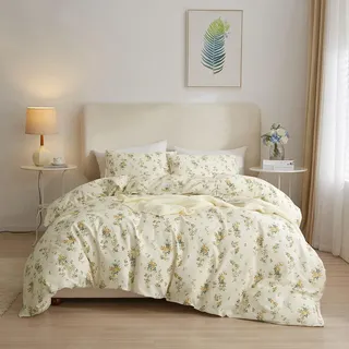 AMWAN Bettbezug mit botanischem Blumenmuster, Doppelbett, schick, gelbe Blumen, Bettbezug aus 100% Baumwolle, für den Garten, Vintage-Bettwäsche-Set, 1 Doppelbettbezug mit 2 Kissenbezügen