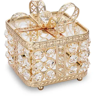 TOLIDA Kristall-Schmuckschatulle mit Deckel, Glas-Schmuckkästchen mit Schleifen-Deckel, glitzernde Schreibtisch-Aufbewahrungsbox für Ohrringe, Ringe, Schmuck, Armbänder (Gold, klein)