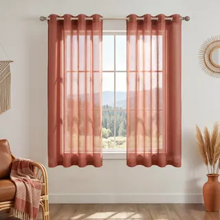 Burnt Orange Terrakotta Sheer Vorhänge 114 cm Länge für Küche Badezimmer Fenster Set 2 Paneele Ösen Bohemian Herbst Boho Kurze Vorhänge für kleine Fenster Keller Schlafzimmer 114 cm lang Rost