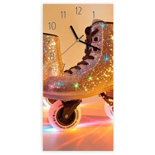 Primedeco Wanduhr Glasuhr Wandkunst Größe 30 x 60 cm mit Motiv Glitzer Rollschuhe