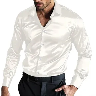 Herren-Seidenhemd aus Satin-Seide, langärmelig, Freizeithemden für Hochzeit, Party, Clubwear (M Weiß)