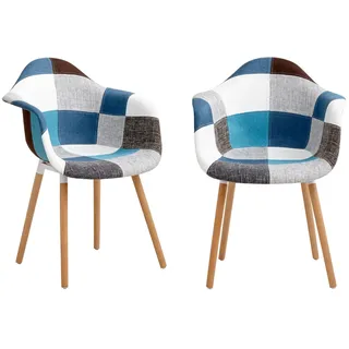 HJhomeheart 2er Esszimmerstühle aus Patchwork-Stoff mit Armlehnen, moderner Design-Sessel, skandinavischer Küchenstuhl aus Buchenholz (A5-Blau)