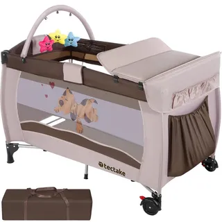 Tectake tectake® Kinder Reisebett, klappbar und höhenverstellbar, mit Bremsen, inklusive Tragetasche, 132 x 75 x 104 cm