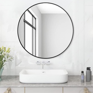 MEESALISA Lisa Runder Badspiegel ohne Beleuchtung Schwarz ф60cm Wandspiegel mit matt schwarz Metallrahmen Spiegel rund Dekospiegel Schwarzer Rand