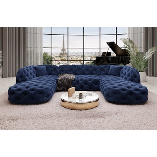 Sofa Dreams Wohnlandschaft Samtstoff Sofa Designer Couch Lanzarote U Lounge Stoffsofa, Couch im Chesterfield Look blau