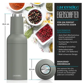 Arendo Salz- & Pfeffermühle Elektrisch 2er Set, Gewürzmühlen, Edelstahl, einstellbar, Batteriebetrieben, Pfeffermühle + Salzmühle, Schwarz