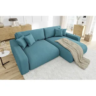 s-style möbel - Emma Ecksofa mit Schlaffunktion und Bettkasten in Cord-Stoff schöner Sitzkomfort, Ottomane rechts, B/T/H: 234 cm / 170 cm / 78 cm - Türkis
