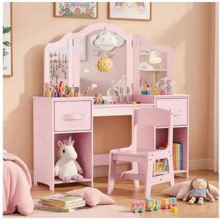 TLGREEN Schminktisch Kinderschminktisch 2 in 1,mit Abnehmbarem Spiegel (108x30x114 cm), Schminktisch Mädchen,Schreibtisch mit Hocker rosa