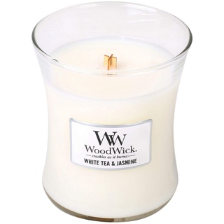Woodwick Mittelgroße Sanduhr-Duftkerze mit knisterndem Docht, Brenndauer: bis zu 60 Stunden, Weißer Tee und Jasmin