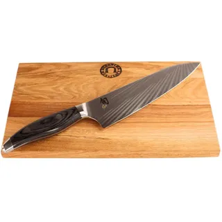 KAI Shun Nagare NDC-0706 japanisches Kochmesser 20 cm – 72-Lagen Damast, ultrascharf & präzise – inkl. handgefertigtem Schneidebrett aus Eiche 30×20 cm – Profi Messer Set, edles Design