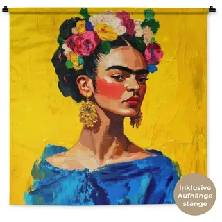 MuchoWow Wandteppich Frida Kahlo - Frau - Gelb - Blau - Blumen, Quadratisch, Höhe: 3 mm, Wand Teppich Wohnzimmer, Schlafzimmer, 150x150 cm Quadratisch | 150 cm x 150 cm x 3 mm