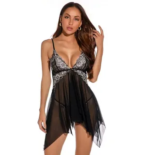 Organza Lingerie Negligé (Negligé + String) im Babydoll Schnitt aus weichem Mesh, sexy Dessous schwarz M