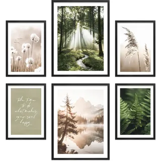 ARTFAVES® Poster Set - Simplicity Nature - mehrteilige Wanddeko Wohnzimmer, Schlafzimmer - 6 moderne Wandbilder Abstrakt, Kunst, grün, beige, Wald, Natur, Minimalistisch - mit Rahmen Schwarz