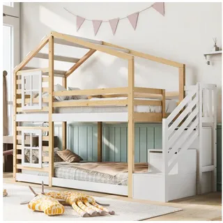Flieks Etagenbett, Hochbett Hausbett Treppe mit 2 Schubladen Kiefer 90x200cm