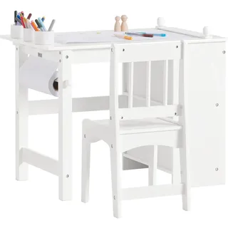 SoBuy Kindertisch mit 1 Stuhl, Kindersitzgruppe mit 1 Papierrollenhalter, Kinder Tisch Stuhl Set, Spieltisch und Maltisch für Kinderzimmer, Maltisch für Kinder, Weiß 80x65,5x54 cm KMB60-W
