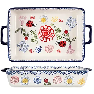 Bicuzat Keramik-Auflaufform im Vintage-Stil mit Blumen- und Schmetterlingsmarienkäfer-Muster, Backform, Lasagne-Pfannen mit Griffen, für Ofen auf den Tisch, 1 Stück, groß