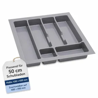 Besteckkasten für Schubladen 50 cm, Silber, Einstellbar Breite 43 - 49 cm | Schubladen Organizer mit Fächern, zuschneidbar, robuster Kunststoffeinsatz, Besteckeinsatz für Besteck und Küchenutensilien