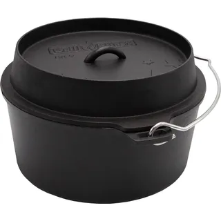 Grillfürst Dutch Oven ca. 9 Liter - stabil stehender Feuertopf mit flachem Boden ohne Füße, hitzebeständiger Gusseisen Topf, Deckel als Pfanne nutzbar, rund, DO 9