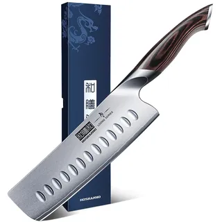 HOSHANHO Küchenmesser Nakiri Kochmesser 18 cm Edelstahl Scharfe Messer mit hohem Kohlenstoffgehalt Hackmesser, Mehrzweck Fleisch Gemüsemesser mit Pakkaholzgriff