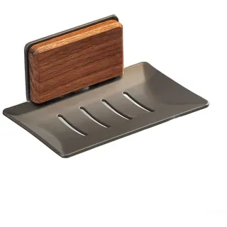 Volakebeing Wandmontierte Walnuss-Seifenschale mit Drainagesystem, ohne Bohren, natürliches Holz, Badezimmer-Organizer für Dusche, Badewanne, Aufbewahrung, schwarz, grau, weiß (A Walnuss + Grau)