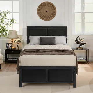 VECELO Bettgestell 90x200 cm, Metallbett mit Kopf- und Fußteil in Holzoptik, Einzelbett mit Lattenrost, 31 cm Stauraum unter dem Bett, kein Boxspring nötig, Einfache Montage, Schwarz