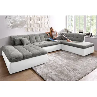 Wohnlandschaft DOMO COLLECTION "MORIC 353x216x80 cm, mit viel Platz, U-Form, auch in Cord", grau (weiß, weiß, grau), B:353cm H:80cm T:216cm, Microfaser PRIMABELLE / Struktur (90% Polyester/ 10% Polyacryl);Kunstleder SOFTLUX / Struktur (90% Polyester/ 10% Polyacryl), Sofas, Wohnlandschaft, im XXL-Format, wahlweise mit Bettfunktion und Armlehnenverstellung
