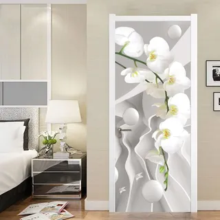 Türtapete Selbstklebend 100x200 Orchidee Türfolie Geometrischer Raum Türaufkleber Fototapete 3D Effekt Türklebefolie Türposter für Innentür Schlafzimmer Bad Dekoration M4603