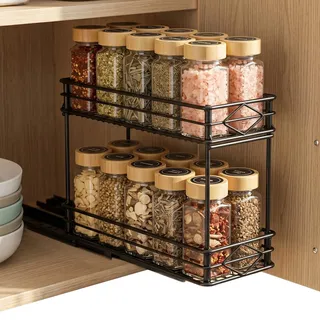 VINATO Gewürzregal Ausziehbar mit 2 Ebenen, Gewürzregal Ausziehbar Ohne Bohren Spice Rack Küchenorganizer zum Ausziehen Gewürzständer für Schrank (26x11x22,3 cm)