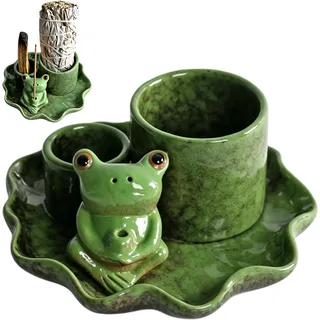 Taurion Keramik Räucherstäbchenhalter: 4-in-1 Handgemachtes Lotusblatt Design, Frosch Figur, Aromatherapie Halter für Yoga, Meditation und Raumduft Palo Santo Sticks, Räucherkegel