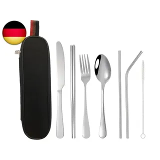 Reisebesteck-Set, 8-Teilig tragbares Edelstahl-Camping-Besteck-Set,