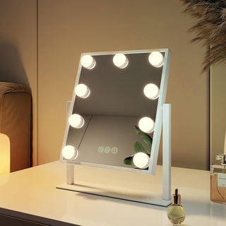 EMKE Hollywood Spiegel Schminkspiegel mit Beleuchtung, 360° Grad Spiegel für schminktisch mit 3 Lichtfarben dimmbar, Speicherfunktion, 9 LED Lampen schminktisch Spiegel 25x30 cm (Weiß)