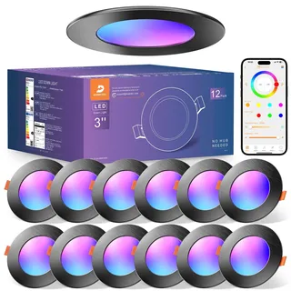 Einbaustrahler LED RGB Smart, 12 Stück LED Spots 230V Schwarz 7W 660LM | Warm Kaltweiss Dimmbar mit APP und Alexa, 68-85mm Lochmaß, IP44 Deckenspots Bunt Bluetooth, Farbig Einbauleuchten Einbauspots